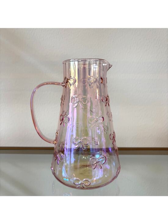 Bella Lux Other - BellaLux Embossed Bow PINK Luster Glass Pitcher 9.25in Chic Barware NEW